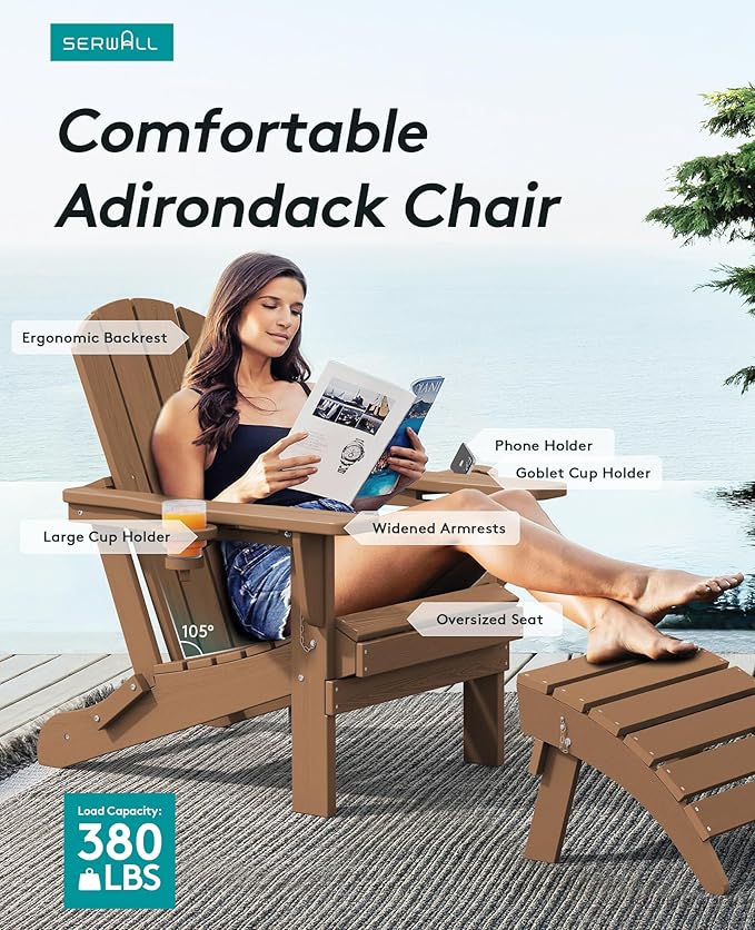 SERWALL Adirondack Chair with Cup Holders - Composite Adirondack Chairs Set of 6 HDPE Outdoor Chairs All Weather Use- Brown