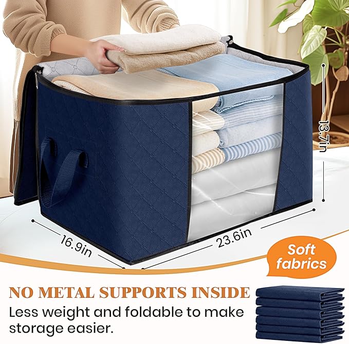 Fab totes 24 Gallons Clothes Storage, Foldable Thick Fabric Blanket Storage Bags, Containers for Organizing Bedroom, Closet, Clothing, Comforter, Organization with Handle (4 Pack,Blue)