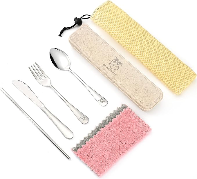 Boulder Bee | Travel Utensils Set | Reusable Camping Cutlery Set | Stainless Steel Flatware Set | Portable Silverware Set with Case | Includes Knife/Fork/Spoon/Straw/Cleaning Cloth/Case (Silver)