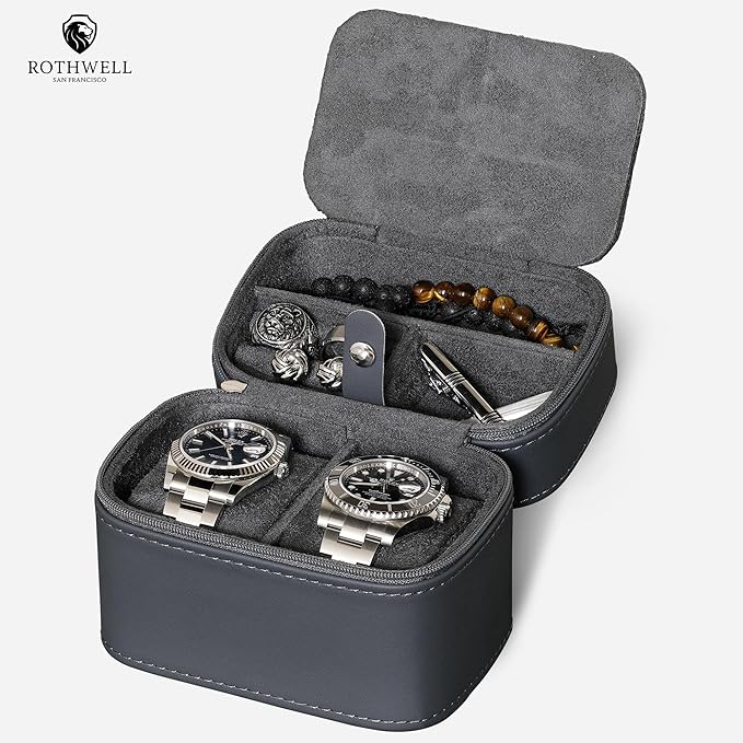 ROTHWELL 2 Watch Travel Case Storage Organizer for 2 Watches | Watch Case for Men and Women | Tough Portable Protection w/Zipper Fits All Wristwatches & Smart Watches Up to 50mm (Carbon)