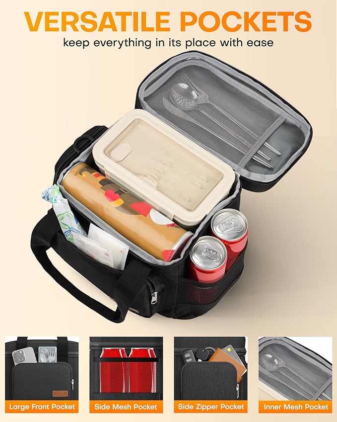 HOTOR Lunch Box for Men and Women - Leak-Proof Insulated Lunch Cooler Bag with Adjustable Strap, Multiple Pockets for Office, Picnic, Hiking, Beach, 1 Layer, 25L, Black, 15.0" x 11.0" x 12.2"