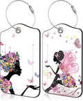 Set of 2 Luggage Tags for Suitcase Flower Fairy and Butterflies Leather Baggage Tags Set with Stainless Steel Loop Name Address Labels Privacy Cover for Men Women Travel Bag Suitcase