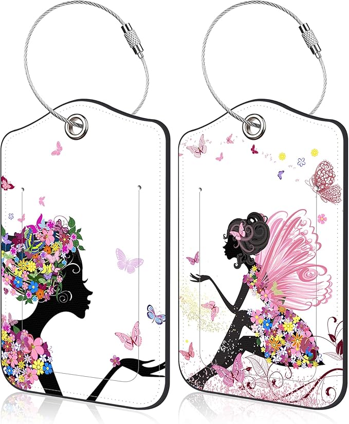 Set of 2 Luggage Tags for Suitcase Flower Fairy and Butterflies Leather Baggage Tags Set with Stainless Steel Loop Name Address Labels Privacy Cover for Men Women Travel Bag Suitcase