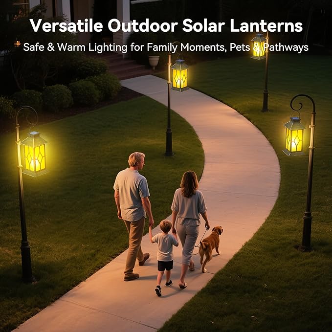 2Pack Patina 13" Metal & Glass Solar Lantern with Flickering Flame, Outdoor Waterproof Hanging Lantern for Garden Patio Yard Pathway Porch Decorative, Vintage Gifts for Mom