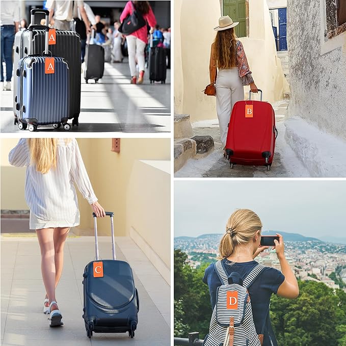 Gostwo 2 Pack Luggage Tags for Suitcases, 26 Initial Letter Travel Luggage Baggage Identification Labels ID Tag Fully Bendable Tags with Stainless Steel Loop (Orange) (Letter J)