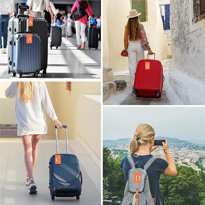 Gostwo 2 Pack Luggage Tags for Suitcases, 26 Initial Letter Travel Luggage Baggage Identification Labels ID Tag Fully Bendable Tags with Stainless Steel Loop (Orange) (Letter R)
