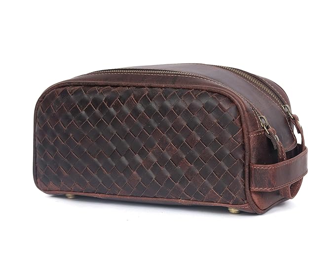 10" Premium Leather Toiletry Travel Pouch With Waterproof Lining | King-Size Handcrafted Vintage Dopp - Kit ~ Gift for Father's Day By Aaron Leather Goods (Wheat Brown)