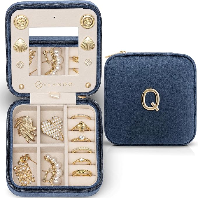 Vlando Travel Jewelry Organizer for Women, Travel Jewelry Organizer, Necklace Organizer Earrings Ring Organizer, Jewelry Travel, Travel Gifts for Women Travel Essentials - Letter Q, Periwinkle Blue