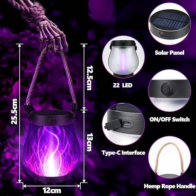 Halloween Solar Flame Lantern Hanging Outdoor Waterproof Purple - 2 Pack Flame Lanterns with Dual Charging Modes of Solar & USB for Garden or Yard Halloween Decorations (Purple - 2 Pack)
