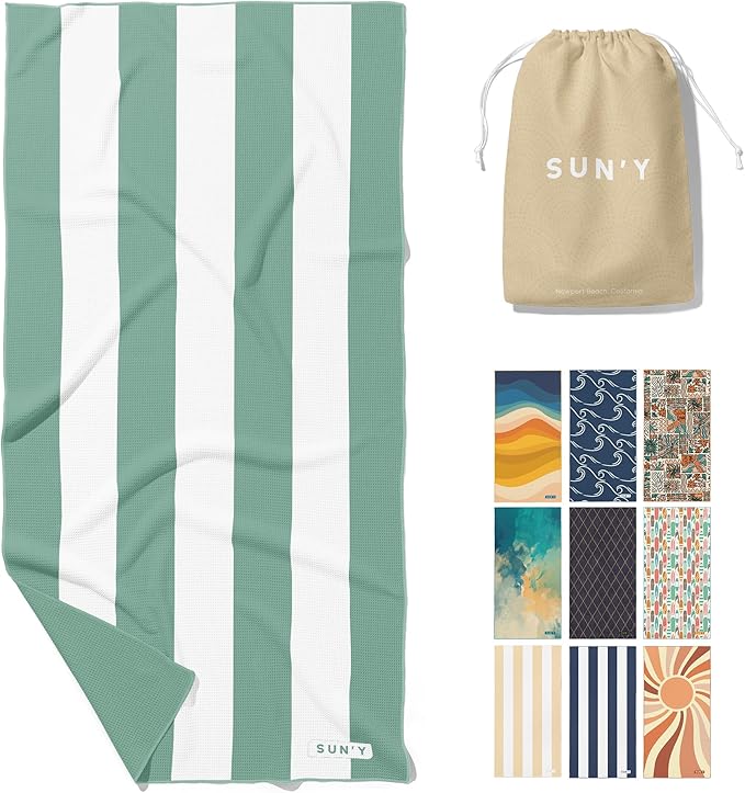 SUN'Y Waffle Microfiber Beach Towel – Sand Free, Quick Dry, Ultra Absorbent, Lightweight & Compact Travel Towel with Carry Bag - Large (63” x 31.5”), Sea Green