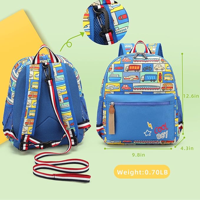 willikiva Cartoon Bus 12 Kindergarten Backpack for Kids Girls and Boys,Waterproof Preschool Toddler Backpack Wiht Leash and Safety Harness (Car)
