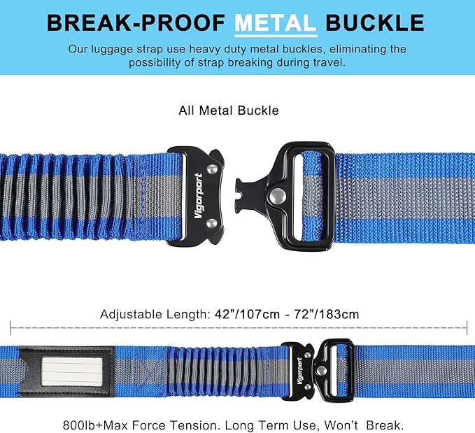 Vigorport Luggage Straps for Suitcases 2 Pack, Heavy Duty Metal Buckle Luggage Belt Strap, TSA Approved Suitcase Belt, Stretchable Travel Strap for Luggage (Blue, 42"-72" Long)
