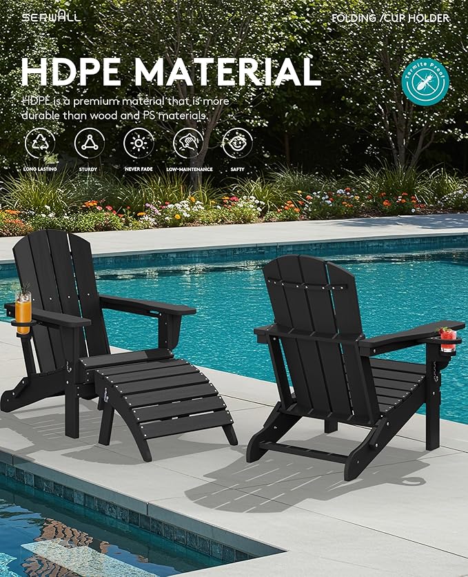 SERWALL Folding Adirondack Chair, Dual Cup Holders & All-Weather HDPE, Wood-Like Patio Chair for Backyard, Camping，Pool & Fire Pit- Black
