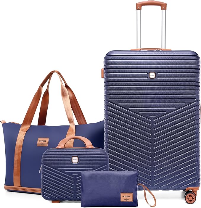 Hoteel 4 Piece Luggage Set (4-YEAR WARRANTY) Carry on ABS+PC Hard Shell Suitcase with Spinner Wheels & TSA Lock (Dark Blue)