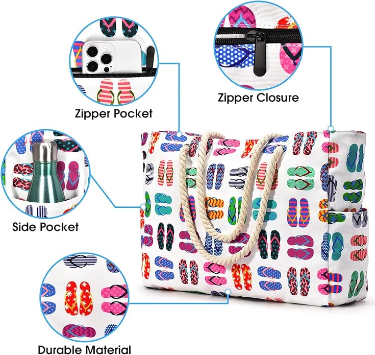 Becokan Beach Bags for Women Large Waterproof Beach Tote Bag Zipper Beach Bags Waterproof Sandproof Swim Pool Bag Large Tote