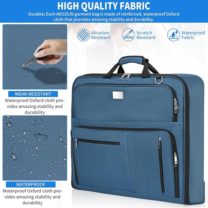 AKOZLIN Travel Luggage Garment Bag Foldable Hanging Suit Bag with Shoulder Strap For Men Women Business Blue