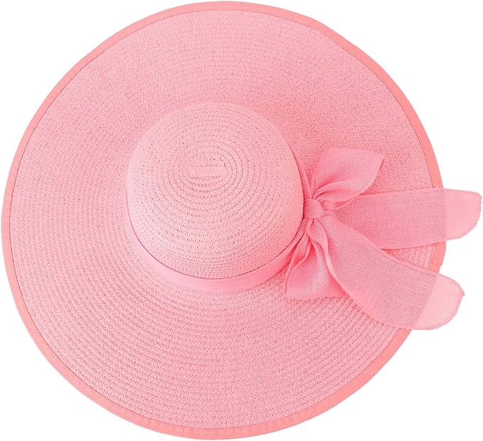 DRESHOW Beach Hats for Women Big Straw Wide Brim Summer Hat Floppy Foldable Roll up Cap Sun Hat UPF 50+