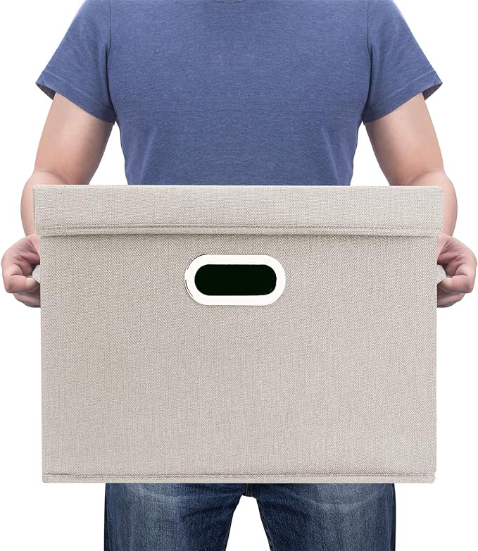 TYEERS Large Storage Bins with Lids, Collapsible, Washable, Fabric Storage Boxes for Organizing, 17.3x11.8x11.4 inches, 3 Pack, Beige