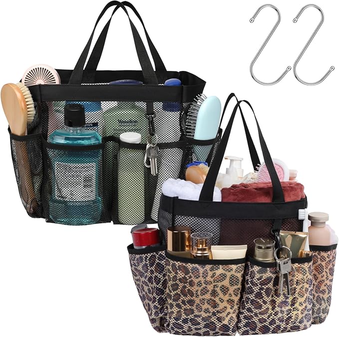 F-color Mesh Shower Caddy Portable - 2 Handles Upgrade Deeper 7 Pockets Basket Bag Tote for College Dorm Room Toiletry Bathroom Essentials Gym Camp Quick Dry with S Hook, 2 Pack, Black & Leopard