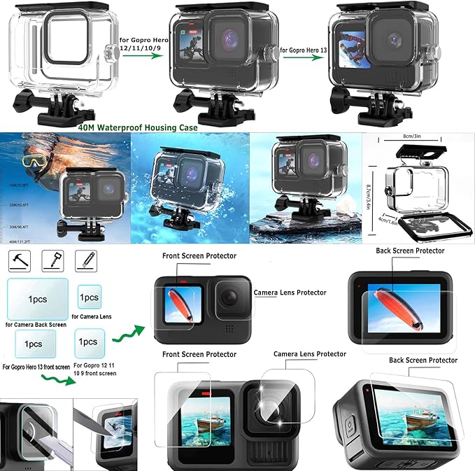 Gurmoir Accessory Kit with Waterproof Case for Go Pro Hero 13 12 11 10 9 Black. Underwater Diving Housing Floating Hand Grip Screen Protector Bundle Pack for GoPro 13 12 11 10 9 Camera(DT13)