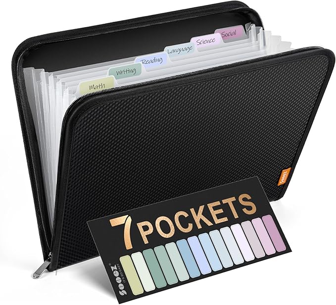 Sooez 7 Pockets Accordion File Organizer, Zipper Expanding File Folder, Heavy Duty Folder Organizer, Sleek Letter Size Accordion Folder, Portable Expandable File Folder for Documents, Black