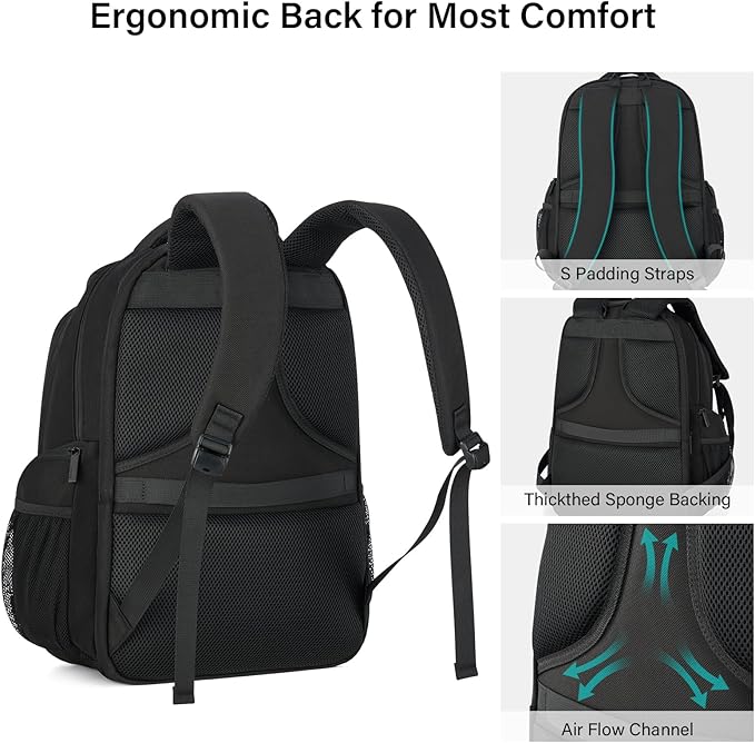Hanke College Laptop Backpack Multi-Pocket, 18-Inch Large Travel Backpack for Men Women, Water Resistant College Bookbag for 15.6 Inch Laptop, Casual Daily Personal Item Size Airline Approved,Black