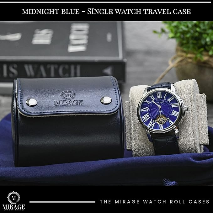 Blue/Ivory - 1 Watch Travel Case for Men - Single Watch Case Storage - Gift Idea Travel Accessory - Midnight Blue/Ivory - Mirage Watch Roll Cases Vegan Leather