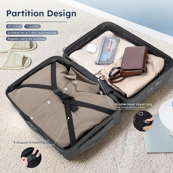 20-inch Carry On Luggage Airline Approved - PC+ABS Lightweight Suitcase with Built-in TSA Lock，Hard-shell Durable Rolling Luggage with USB Port