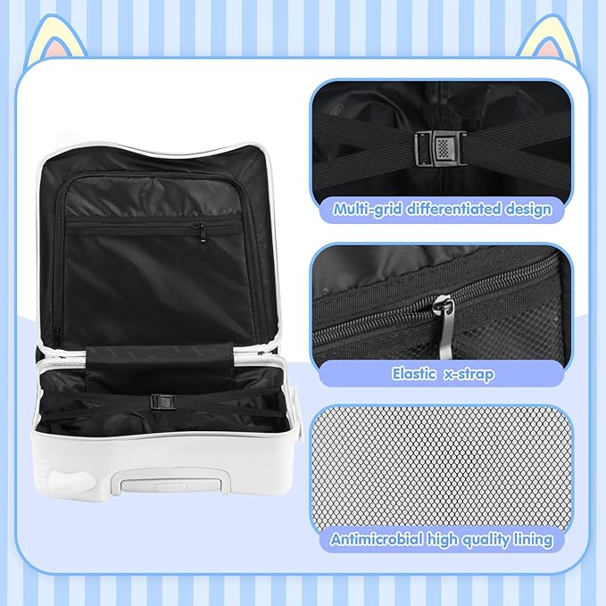 smilesun 20" Ride-On Travel Suitcase for Kids, Cute Ear Toddler Carry on Luggage with Spinner Wheels, Children Rolling Trolly Luggage with Combination Lock (Matte White with Rope)