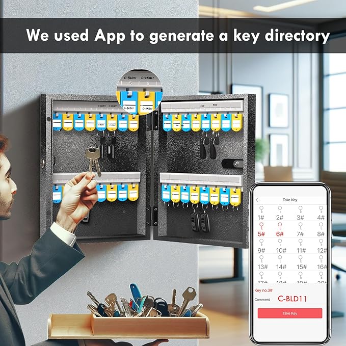 WeHere 32 Key Lock Box with Dual Lock, Combination & Key Unlock, Key Cabinet Wall Mount with Key Tag Label, Key Holder Storage Lockbox for Store, Office, Company, House, App Key Directory ERP