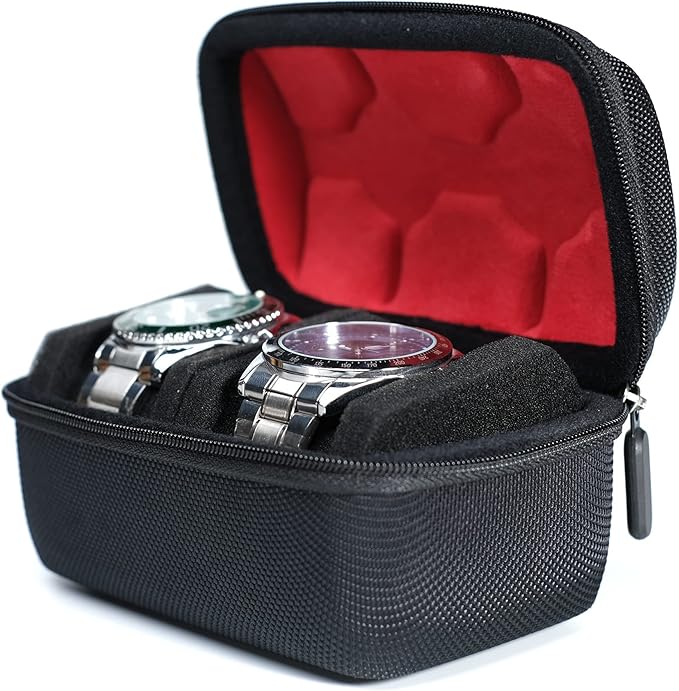 Hard Compact Watch Roll travel case, 2 Slots Portable holder and Organizer with Soft Pillow, keep watch from moving Deluxe red Lining (fit up to 55 mm)