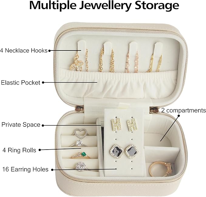 Travel Jewelry Case Bulk Of 4 For Women Weekend Trips, Gold Zip PU Leather Compact Jewelry Organizer For Earring Bracelets Beige Travel Jewelry Box Set Perfect For Small Bridesmaid Jewelry Box Gift