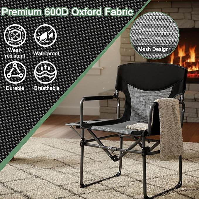Romswi Director Chairs for Outdoor, Folding Camping Chair, Compact Directors Chair Side Table and Side Bag, Heavy Duty Oversize Seat for Beach Fishing Picnic Chairs, Holds up to 300 lbs Black 2 Pcs