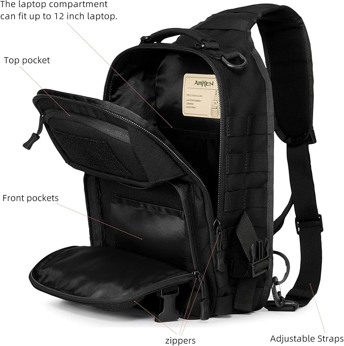 15L Tactical Crossbody Sling Bag | Everyday One Shoulder Backpack Fit 12 Inch Laptop, Molle, Daily Use, Travel, Hiking (Black)