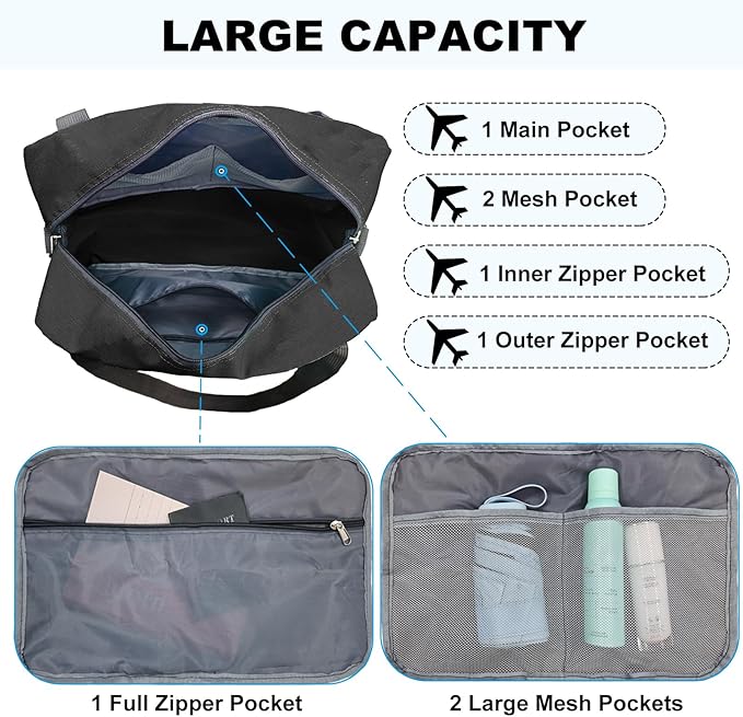 For Spirit Airlines Personal Item Bag 16x10x8 in Underseat Carry-on Luggage foldable Travel Duffle Bag for Airplanes(20L, Black)