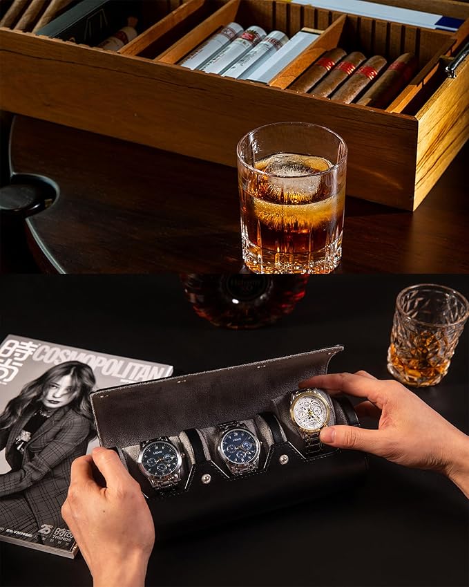 MR.OKAY 3 Watch Travel Case- Classic Leather Watch Case With Perfect Texture.Portable Watch Roll Or Organizer For Storage And Display. Luxury Gifts For Men, All Handmade by Artisans.