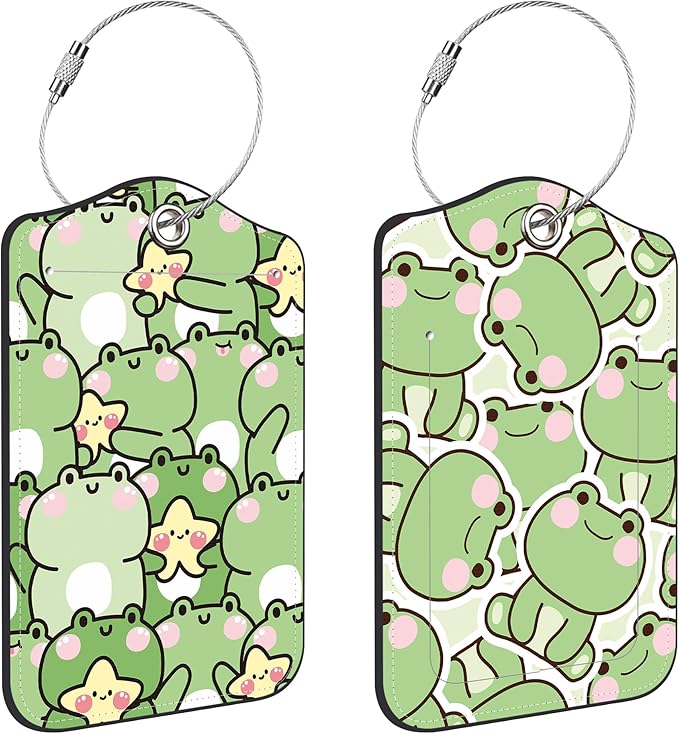 Cute Frog Luggage Tags for Suitcases Leather Travel Tags for Luggage ID Label with Privacy Cover and Stainless Steel Loop for Men Women Suitcase Backpack, Set of 2