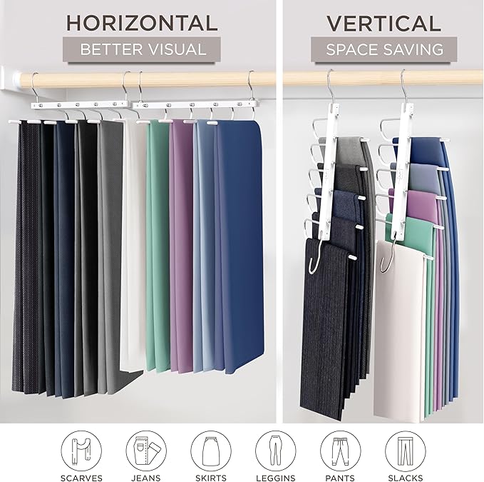 MORALVE Pants Hangers Space Saving - 2 Pack European Beechwood Scarf and Jean Hangers - Closet Organizer and Space Saver Pant Rack, Leggings Hanger, and Scarf Holder with 360° Swivel Hook