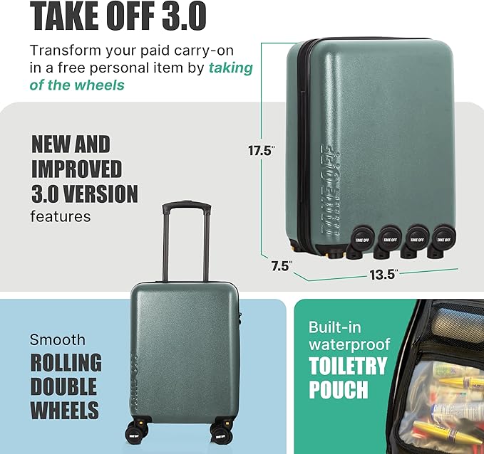 Take OFF Luggage Personal Item 3.0 – 18x14x8 Underseat Carry On with Removable Wheels – TSA Lock, Hardshell Suitcase – Fits Tight Airline Size Rules – No-Fee Lightweight Travel Bag
