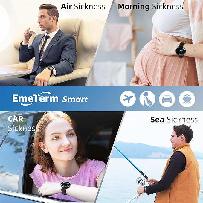 EmeTerm Smart FDA-Cleared Anti-Nausea Wristwatch Touchscreen IP67 Waterproof Morning Motion Sickness Relief Rechargeable Fast Acting Drug Free (Black - Extra 2pack Conductive Gel)