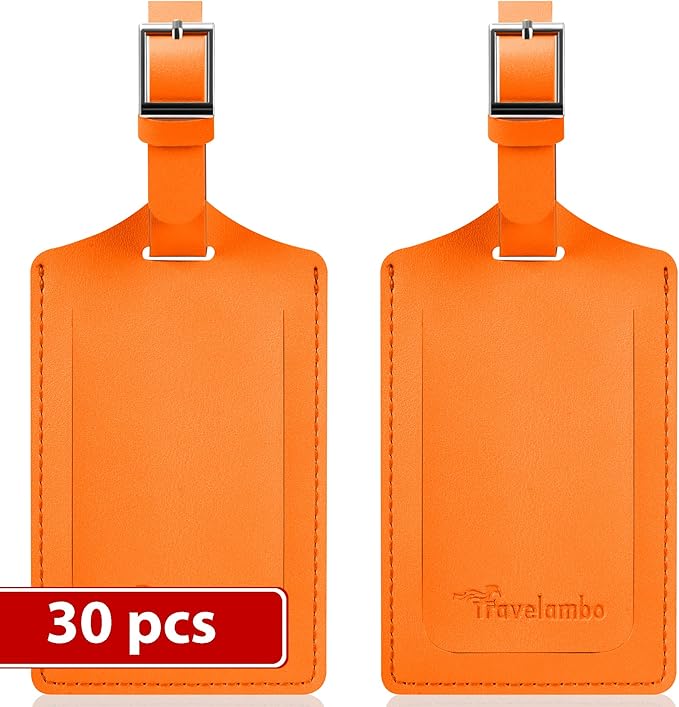 Travelambo Luggage Tags for Suitcases Faux Leather Privacy Protection 30 Pack Bag Tags Travel Accessories Essential, Hot Orange