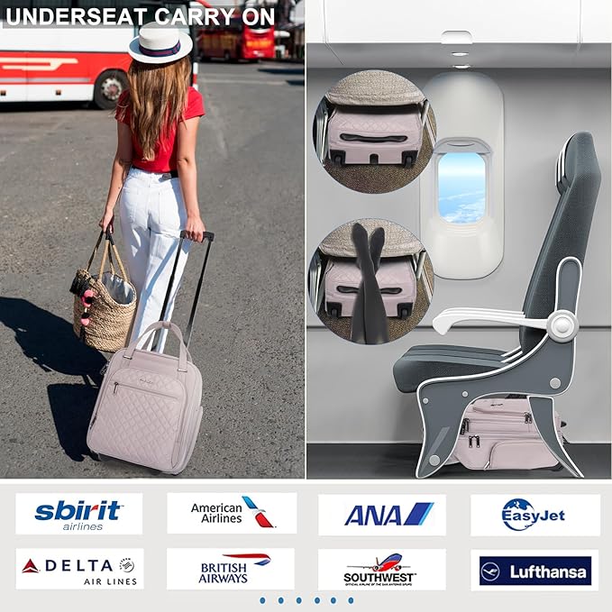 EMPSIGN Underseat Carry On Wheeled - 16" Carry on Bag with Wheels Multi-functional Lightweight Rolling Bag Overnight Weekender Small Suitcase for Women Men Travel Business, Dusty Pink