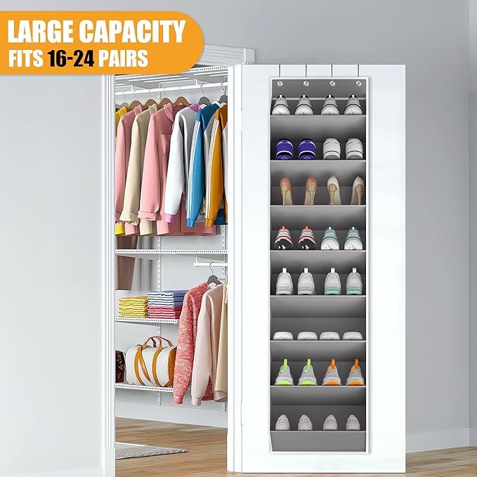 Over The Door Shoe Organizer Storage Fit 16-24 Pairs Hanging Shoe Rack Organiser for Closet Door, Deep Pocket Shoe Holder for Sneakers,Boots Storage(1 Pack Gray)