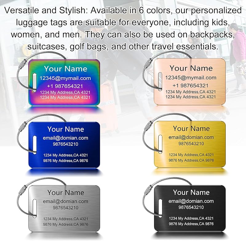 Stainless Steel Personalized Luggage Tags for Suitcases - Custom Name ID Travel Tags for Luggage, Backpacks, Baggage and Bags - Metal Unique Lable - Travel Essentials Accessories for Kids, Women, Men