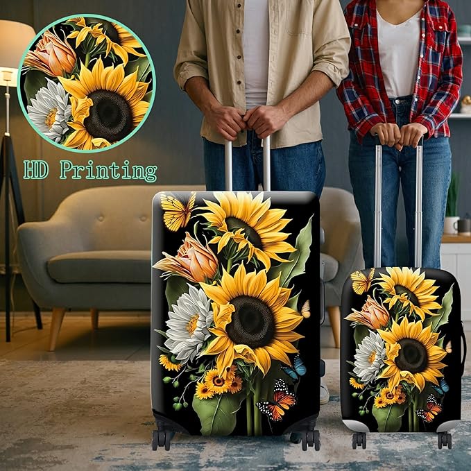 Suitcase Protector Plus 1 Luggage Tag, Sunflower Orchids Travel Cover for 26-28 inch Luggage with Concealed Zipper, Washable Elastic Cloth, Dustproof, Anti-Scratch