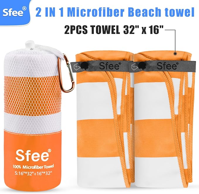 Sfee 2 in 1 Microfiber Travel Towel, Quick Dry Towel Camping Beach Towel Super Absorbent Compact Lightweight Sports Gym Towel Set for Gym, Hiking, Pool, Bath, Yoga (Small: 32''x16'')