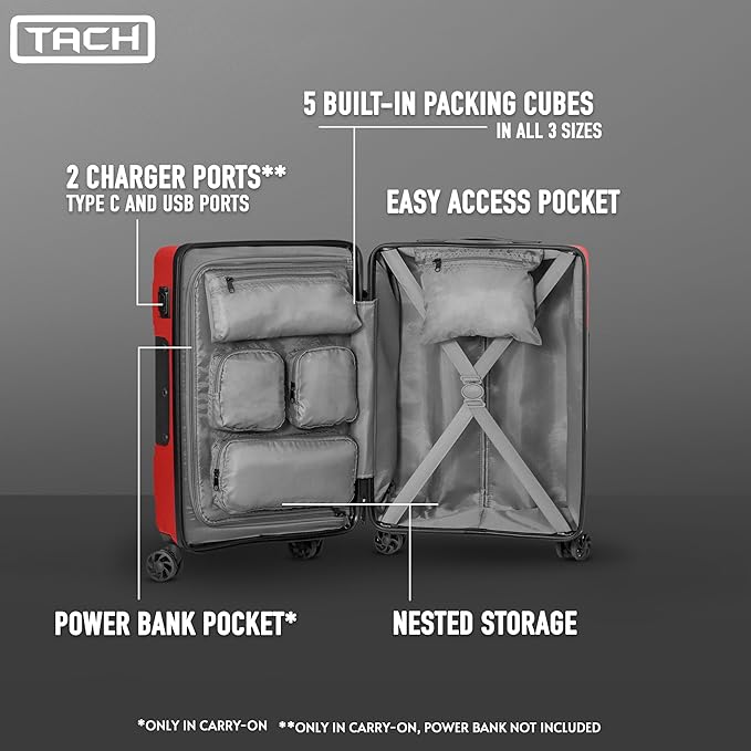 TACH V3.1 Hard Shell 3 Piece Luggage Set - 20, 24 & 28 inch Luggage | Carry On, Medium & Large Checked Suitcases | Patented Built-In Connecting System | Rolling Suitcase Links 9 Bags (Red)