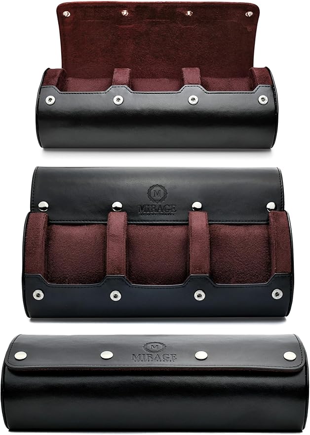 Watch Roll Case Organizer - Watch Travel Case for Men and Women - 3 Watch Carrying Case and Display - Jade Black with Mahogany Brown Interior Vegan Leather
