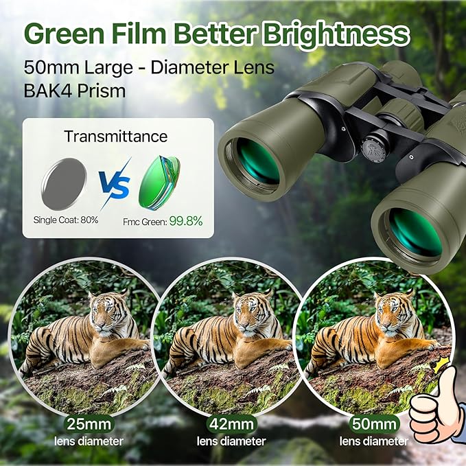 20x50 Hunting Binoculars for Adults High Powered with Low Light Night Vision - 28mm Large Eyepiece Professional Binoculars for Bird Watching Hiking Travel with BAK4 Prism FMC Lens, Green