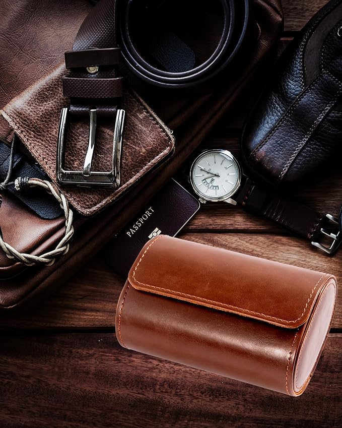 MR.OKAY 2 Watch Travel Case-Classic Leather Watch Case With Superb Texture.Portable Watch Roll Or Organizer For Storage And Display. Travel Gift for Men, All Handmade By Leather Craftsmen.